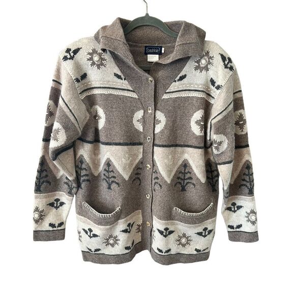 VTG Bauhinia Cowichan Angora Lambswool Blend Cardigan Sweater Neutral Taupe Crea - Picture 2 of 8